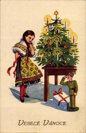 Ansichtskarte / Postkarte Glückwunsch Weihnachten, Mädchen in Tracht, Tannenbaum, Spielzeug-Soldat