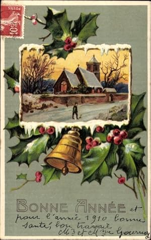 Präge Ansichtskarte / Postkarte Glückwunsch Neujahr, Kirche im Schnee, Glocke, Stechpalmenzweige