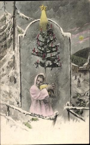Ansichtskarte / Postkarte Weihnachten, Mädchen mit Tannenbaum, Stern