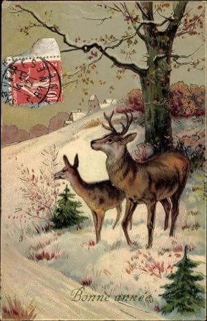 Ansichtskarte / Postkarte Glückwunsch Neujahr, Hirsch, Reh, Tannenbaum, Schnee