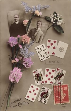 Ansichtskarte / Postkarte Kartenspiel, Spielfiguren, Männer-Portraits, Blumen