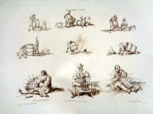 Basket Makers & Coopers Working. Aquatint Sepia Print 1801.
