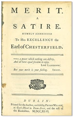 Immagine del venditore per MERIT. A SATIRE HUMBLY ADDRESSED TO HIS EXCELLENCY THE EARL OF CHESTERFIELD venduto da William Reese Company - Literature, ABAA