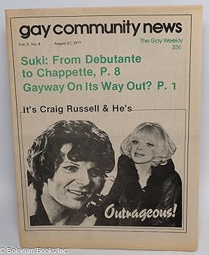 Bild des Verkufers fr GCN: Gay Community News; the gay weekly; vol. 5, #8, August 27, 1977: Suki: From Debutante to Chappette zum Verkauf von Bolerium Books Inc.