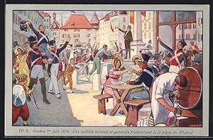 Künstler-Ansichtskarte Geneve, Les soldats suisses et genevois fraternisent a la place du Molard,...