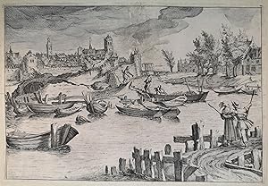 Original Radierung um 1620. Flusslandschaft mit einer Stadt.