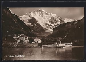 Ansichtskarte Interlaken, Schiffstation mit Dampfer Beatus gegen Bergmassiv