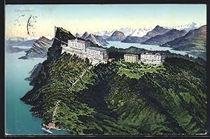 Ansichtskarte Bürgenstock, Hotelanlage auf Berg mit Bergbahntrassen und Dampfer