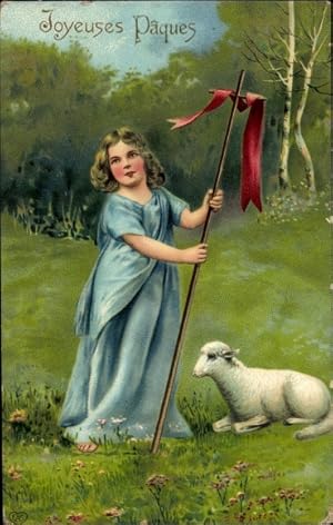 Ansichtskarte / Postkarte Glückwunsch Ostern, Mädchen in blauem Kleid, Lamm