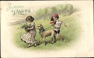 Ansichtskarte / Postkarte Glückwunsch Ostern, Kinder, Lamm, Wiese