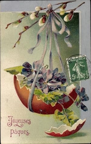Präge Ansichtskarte / Postkarte Glückwunsch Ostern, Weidenkätzchen, Veilchen, Eierschalen