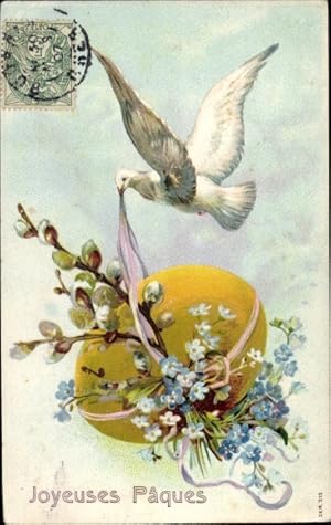 Präge Ansichtskarte / Postkarte Glückwunsch Ostern, Taube, Osterei, Vergissmeinnicht, Weidenkätzchen