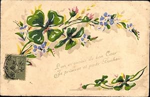 Handgemalt Ansichtskarte / Postkarte Kleeblätter und Blumen