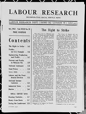 Bild des Verkufers fr Labour Research October 1952 / The Right to Strike / PROFITS: AN I.C.I. EXAMPLE/ Engineering Production & Profits / Persons and Profits in Malayan Tin / FOOD PRICES / T.U.C. 1952 / LABOUR AND THE PRESIDENTIAL ELECTION/ NATIONAL INCOME STATISTICS/ HOUSING STATISTICS / Money from Rents / TAXING THE LANDOWNER zum Verkauf von Shore Books