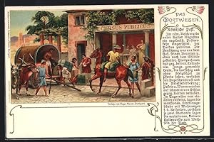 Lithographie Das Postwesen, Römische Post, Verladung von Paketen in Postkutsche im Römischen Reich