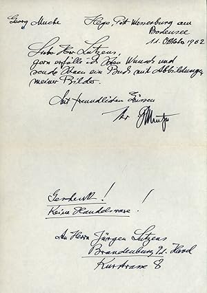 Handgeschriebener Brief an Jürgen Lutzens. [Autograf, signierter Brief / autograph, signed letter].