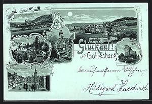 Mondschein-Lithographie Gottesberg, Victorgrube mit Gasanstalt, Hochwald Ruinenrestaurant, Ring m...