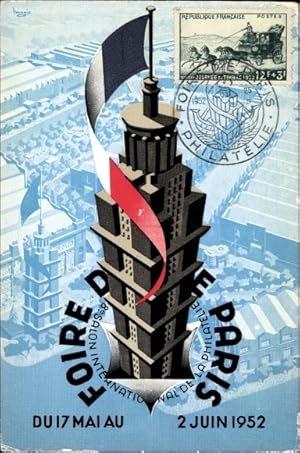 Ansichtskarte / Postkarte Foire de Paris, 1952, Exposition National Philatelique, Hochhaus mit fr...