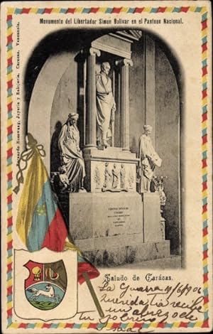Präge Passepartout Wappen Ansichtskarte / Postkarte Caracas, Venezuela, Denkmal, Simon Bolivar