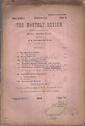 Imagen del vendedor de The Monthly Review. Formerly known as the Malabar Quarterly Review. - Vol. XIII - N 2 - February 1914. a la venta por PRISCA