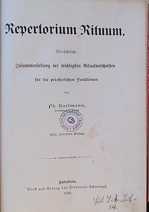 Bild des Verkufers fr Repertorium Rituum. bersichtliche Zusammenstellung der wichtigsten Ritualvorschriften fr die priesterlichen Funktionen. zum Verkauf von books4less (Versandantiquariat Petra Gros GmbH & Co. KG)