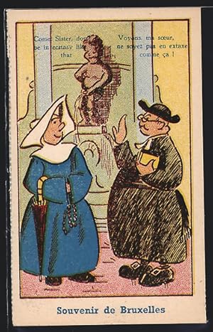 Ansichtskarte Bruxelles, Nonne und Geistlicher bei Manneken-Pis