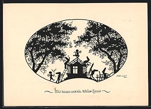 Bild des Verkufers fr Knstler-Ansichtskarte Elsbeth Forck: Wir bauen uns ein kleines Haus, Silhouettenschnitte, Zwerge und Feen zum Verkauf von Bartko-Reher