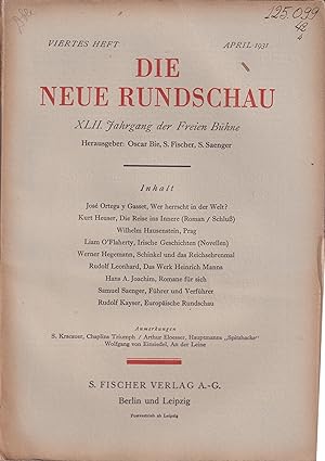 Bild des Verkufers fr Die Neue Rundschau. - XLII. Jahrgang der Freien Bhne. - Viertes Heft. - April 1931. zum Verkauf von PRISCA