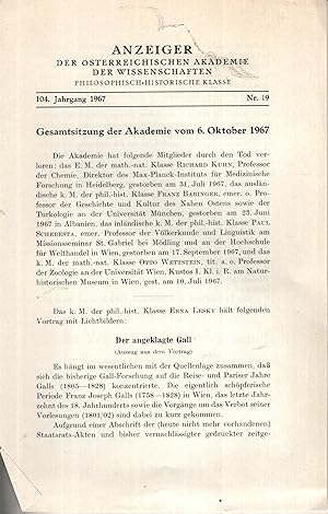 Imagen del vendedor de Anzeiger der sterreichischen Akademie der Wissenschaften - 104. Jahrgang - N 19 - Gesamtsitzung der Akademie vom 6. Oktober 1967. - Suivi de : Die Entwicklung des Krankenbettunterrichtes an der Wiener medizinischen Schule. a la venta por PRISCA