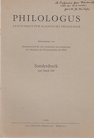 Image du vendeur pour Philologus - Zeitschrift fr Klassische Philologie - Herausgegeben vom Zentralinstitut fr Alte Geschichte und Archologie der Akademie der Wissenschaften der DDR - Sonderdruck aus Band 124 : Miszellen - The "Boneless one" in Hesiod. - envoi autographe de l'auteur COPY SIGNED BY THE AUTHOR mis en vente par PRISCA