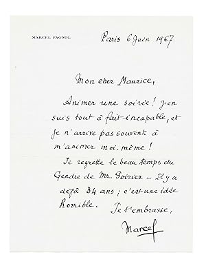 Le nostalgique Pagnol envoie une tendre et amusante lettre à son ami lacteur Maurice Escande, qu...