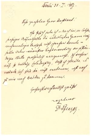 Seller image for JAKOB RIESSER (1853-1932) Dr.jur., deutscher Jurist und Politiker (DVP). 1880 lie� er sich als Rechtsanwalt in Frankfurt am Main nieder. 1888 wurde er Direktor der Darmst�dter Bank f�r Handel und Industrie (Darmst�dter Bank), die ihren Sitz in Berlin hatte. 1893 trat er der Berliner Gesellschaft der Freunde bei. Er war 1901 an der Gr�ndung des Centralverbandes des deutschen Bank- und Bankiergewerbes beteiligt. 1905 wurde er zum Honorarprofessor f�r Handelsrecht an der Berliner Universit�t berufen. 1921 bis 1928 war er Vizepr�sident des Reichstages. for sale by Herbst-Auktionen