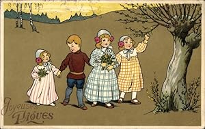Ansichtskarte / Postkarte Glückwunsch Ostern, Kinder pflücken Weidenkätzchen