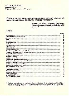 Bild des Verkufers fr Ecologia de los Aracnidos Criptozoicos, Excepto Acaros, de Sierra de las Animas (Uruguay). Ordenes y Familias zum Verkauf von ConchBooks