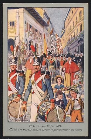 Künstler-Ansichtskarte Genf, Schweizer Soldaten bei einer Parade