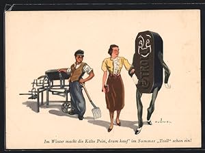 Bild des Verkufers fr Knstler-Ansichtskarte Troll Kohle-Brikett mit Armen und Beinen, Im Winter macht die Klte Pein. zum Verkauf von Bartko-Reher