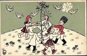 Ansichtskarte / Postkarte Nationalallegorie, Kinder tanzen um einen Olivenbaum, USA, Schottland, ...