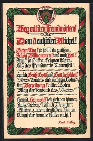 Ansichtskarte Deutscher Schulverein Nr. 825: Weg mit den Fremdwörtern!., Zitat Karl Lustig