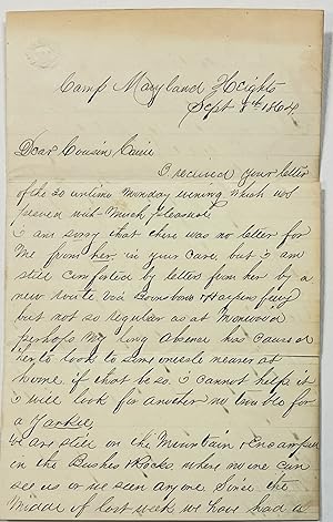 AUTOGRAPH LETTER SIGNED, CAMP MARYLAND HEIGHTS, 8 SEPTEMBER 1864, TO "COUSIN CARRIE" SCHULTZ OF F...