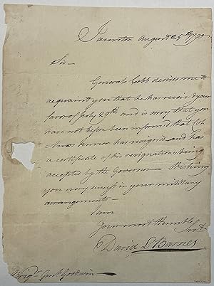 AUTOGRAPH LETTER, SIGNED BY BARNES, TO BRIGADIER GENERAL GOODWIN, FROM TAUNTON, 25 AUGUST 1790, R...