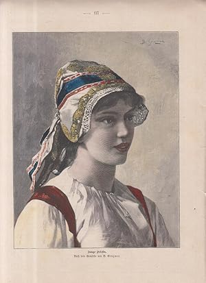 kolorierter Holzstich - Junge Friesin von B. Genzmer ( Friesland Tracht Mode Kopfhaube )