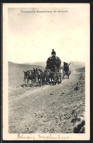 Postcard Bolivia, Compania Huanchaca, Händler mit Ware auf von Maultieren gezogenen Fuhrwerk