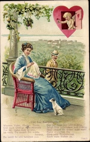 Ansichtskarte / Postkarte Junge Frau beim Nähen, Amor, Hund, Herz