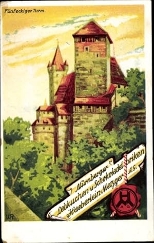 Künstler Ansichtskarte / Postkarte Nürnberg, Fünfeckiger Turm, Lebkuchen- und Schokoladenfabriken