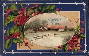 Präge Passepartout Ansichtskarte / Postkarte Glückwunsch Weihnachten, Stechpalme, Wohnhaus