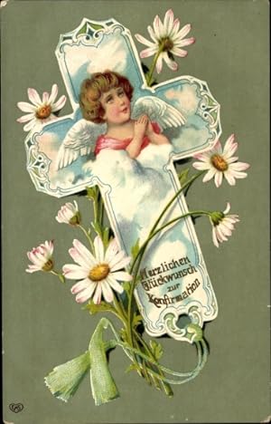 Ansichtskarte / Postkarte Glückwunsch Konfirmation, Betender Engel, Margeriten
