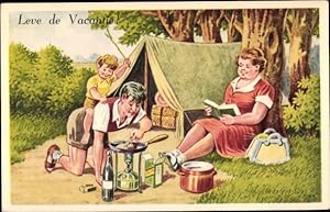 Ansichtskarte / Postkarte Familie beim Zelten, Urlauber, Pfanne, Koch, Essen, Weinflasche