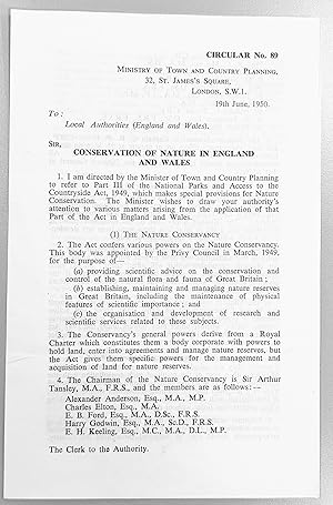 Seller image for CONSERVATION OF NATURE IN ENGLAND AND WALES 19th June, 1950 CIRCULAR No.89 for sale by Shore Books