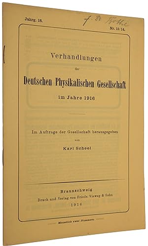 Seller image for Strahlungs-Emission und Absorption nach der Quantentheorie', pp. 318-323 in: Verhandlungen der Deutschen Physikalischen Gesellschaft, Jahrg. 18, Nr. 13/14, 30 July 1916 for sale by SOPHIA RARE BOOKS