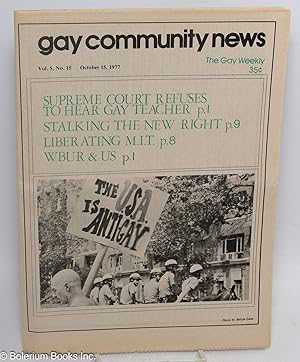 Bild des Verkufers fr GCN: Gay Community News; the gay weekly; vol. 5, #15, October 15, 1977: Supreme Court Refuses to Hear Gay teacher zum Verkauf von Bolerium Books Inc.